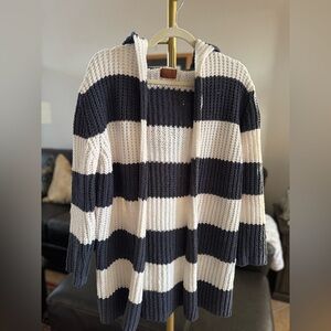 POL Striped Hooded Open Front Cardigan // Grey/White // Size Small